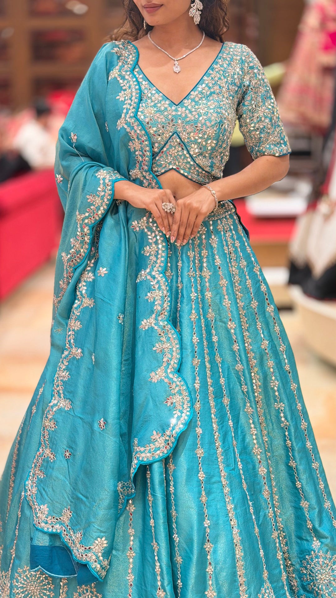 Teal Blue Heavy Embroidered Designer Lehenga Choli with Scalloped Dupatta