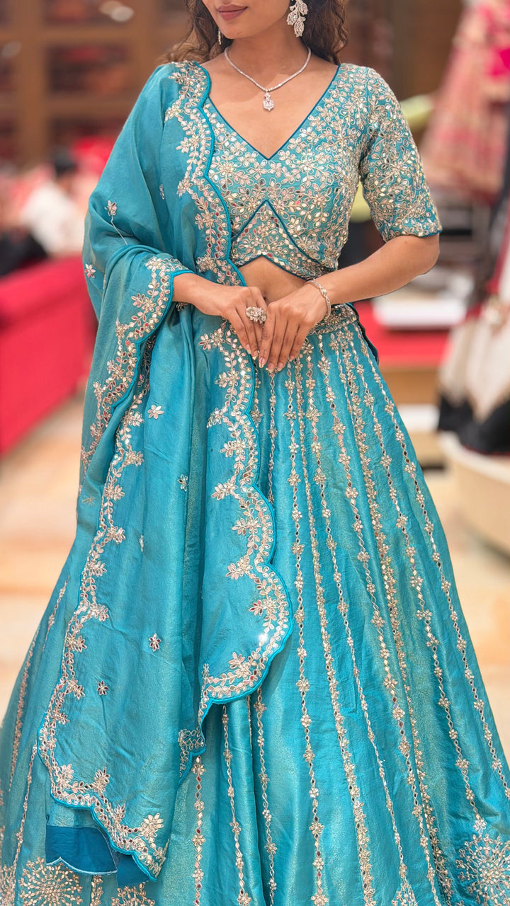 Teal Blue Heavy Embroidered Designer Lehenga Choli with Scalloped Dupatta