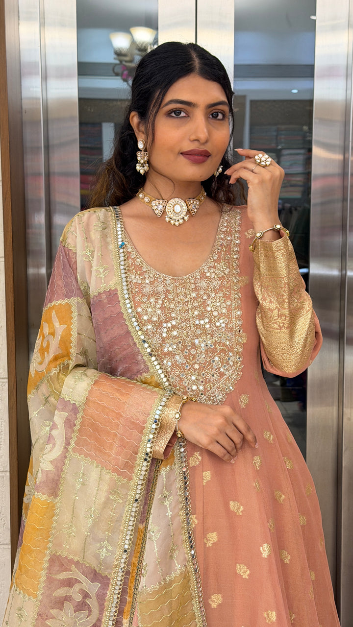 Peach Banarasi Anarkali Gown with Zari Woven Border & Designer Organza Dupatta