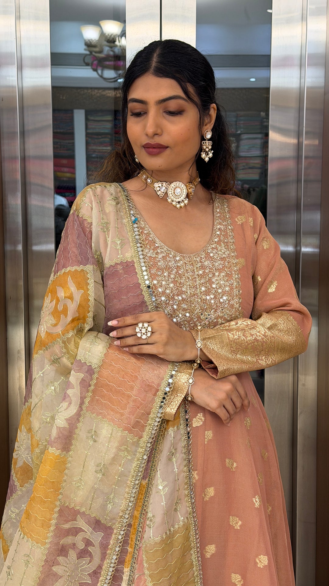 Peach Banarasi Anarkali Gown with Zari Woven Border & Designer Organza Dupatta