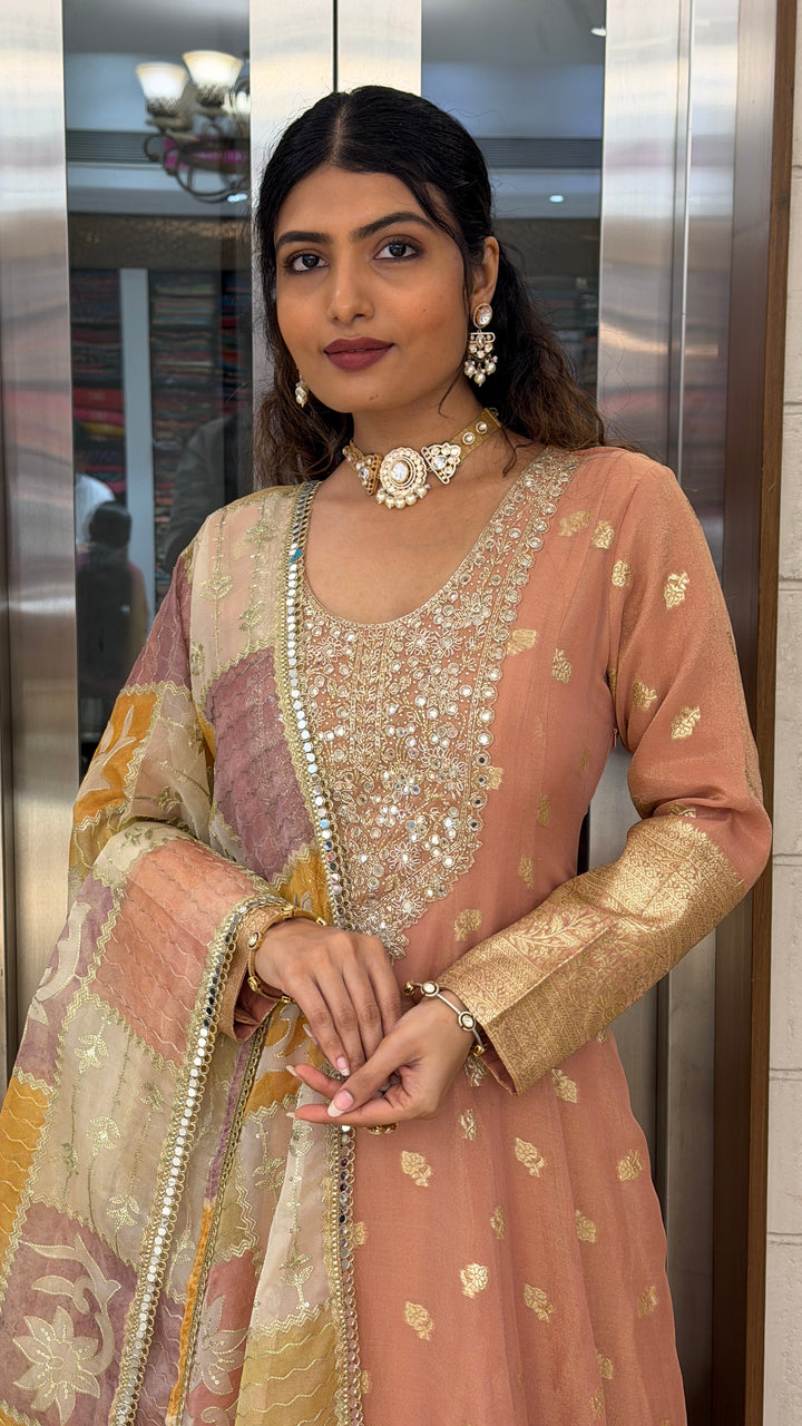 Peach Banarasi Anarkali Gown with Zari Woven Border & Designer Organza Dupatta