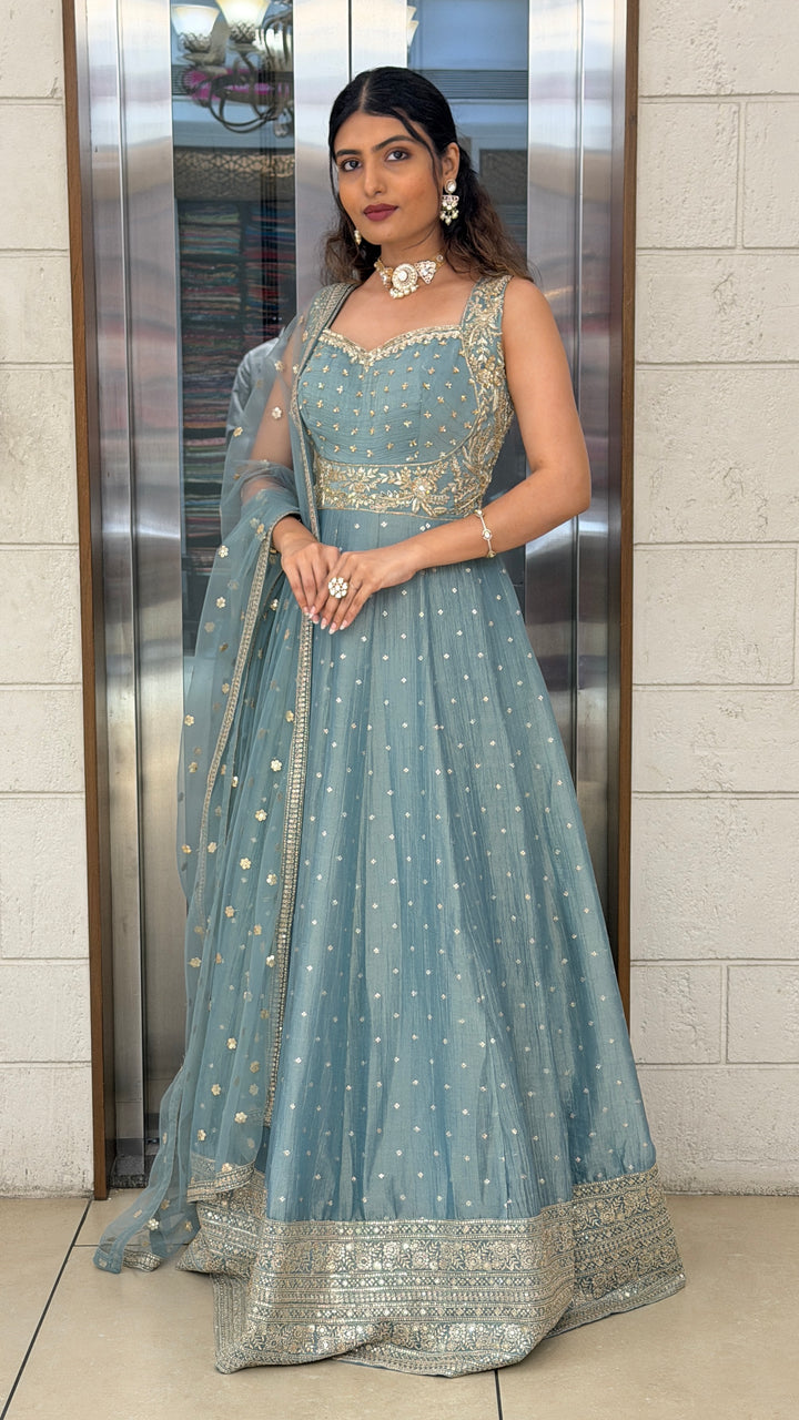 Sage Green Shimmer Anarkali Gown with Embroidered Dupatta