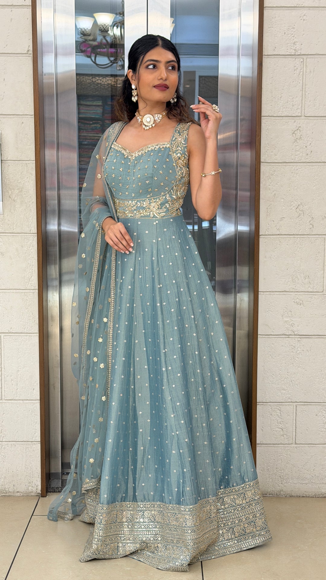 Sage Green Shimmer Anarkali Gown with Embroidered Dupatta