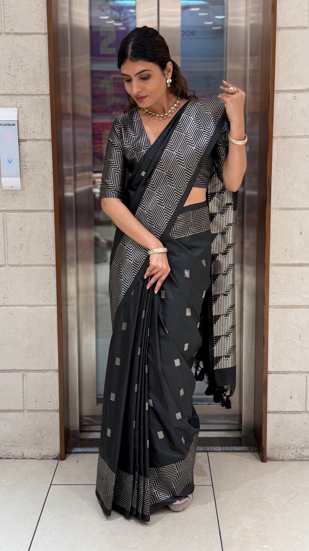 Luxury Soft Silk Saree with Geometric Zari Weaving & Matching Designer Blouse