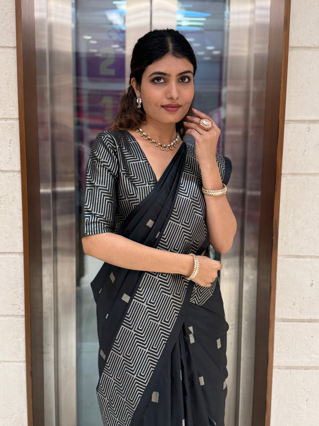 Luxury Soft Silk Saree with Geometric Zari Weaving & Matching Designer Blouse