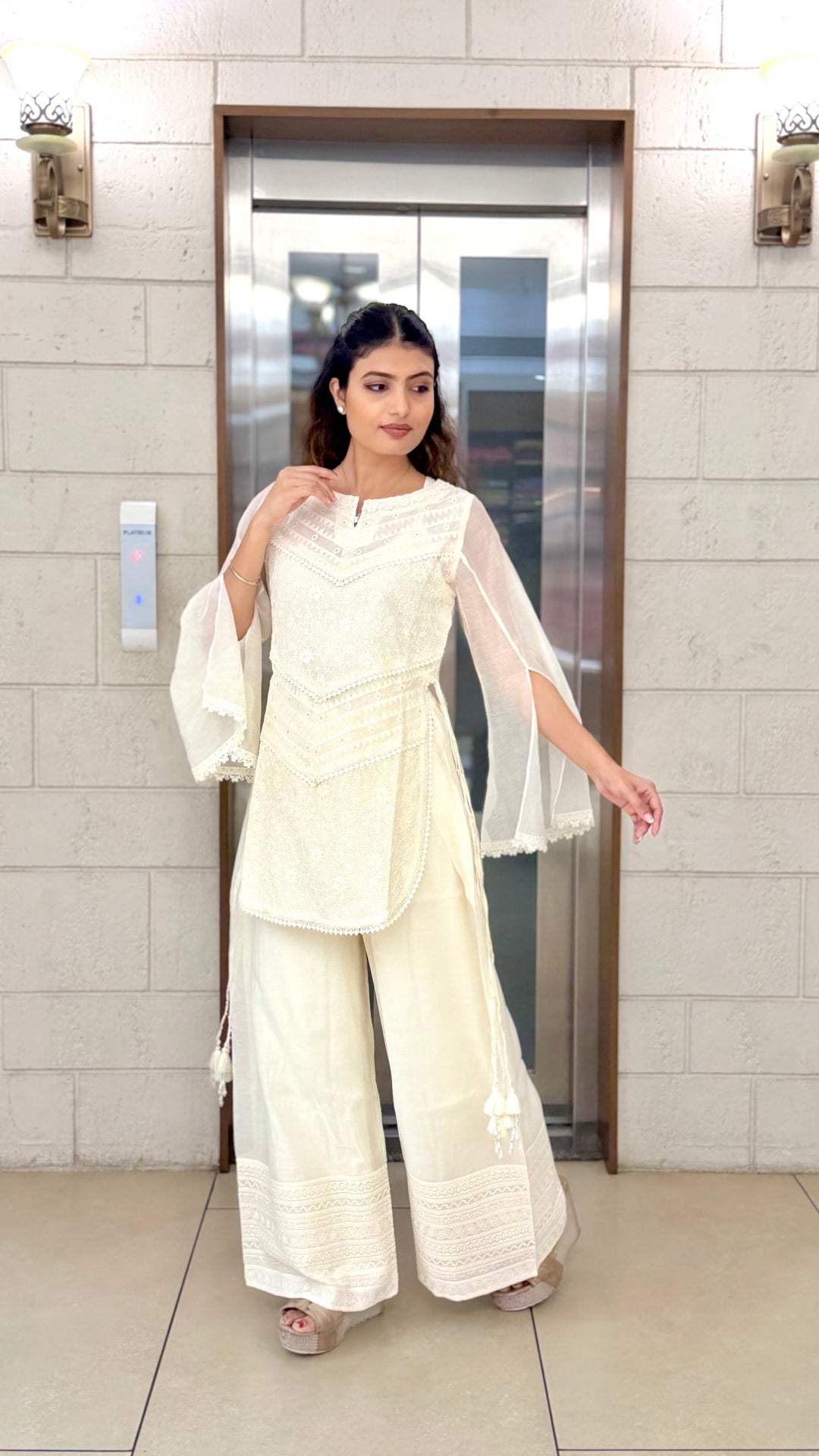 Ivory White Embroidered Kurta Set with Palazzo Pants & Sheer Cape Sleeves