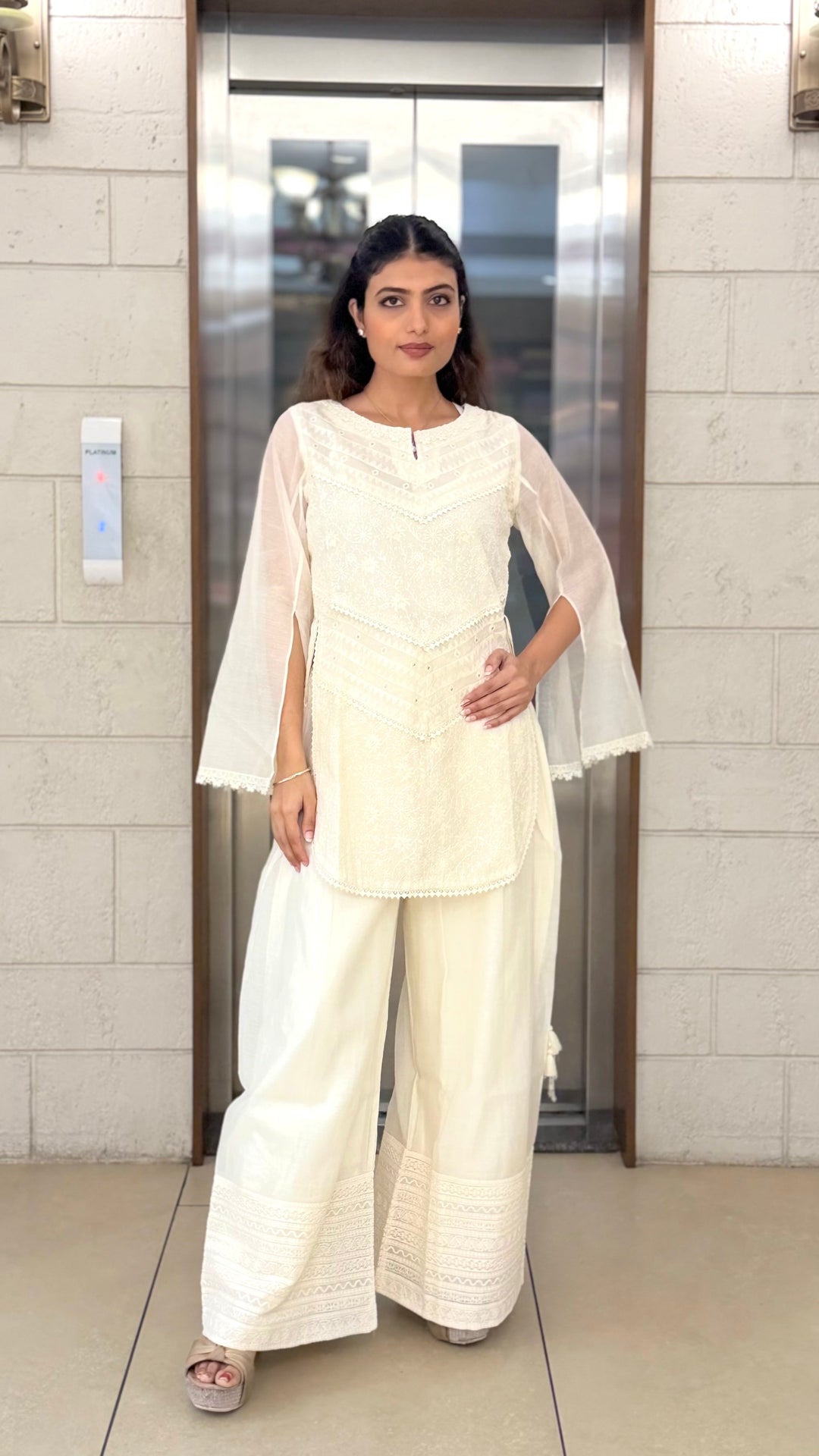 Ivory White Embroidered Kurta Set with Palazzo Pants & Sheer Cape Sleeves