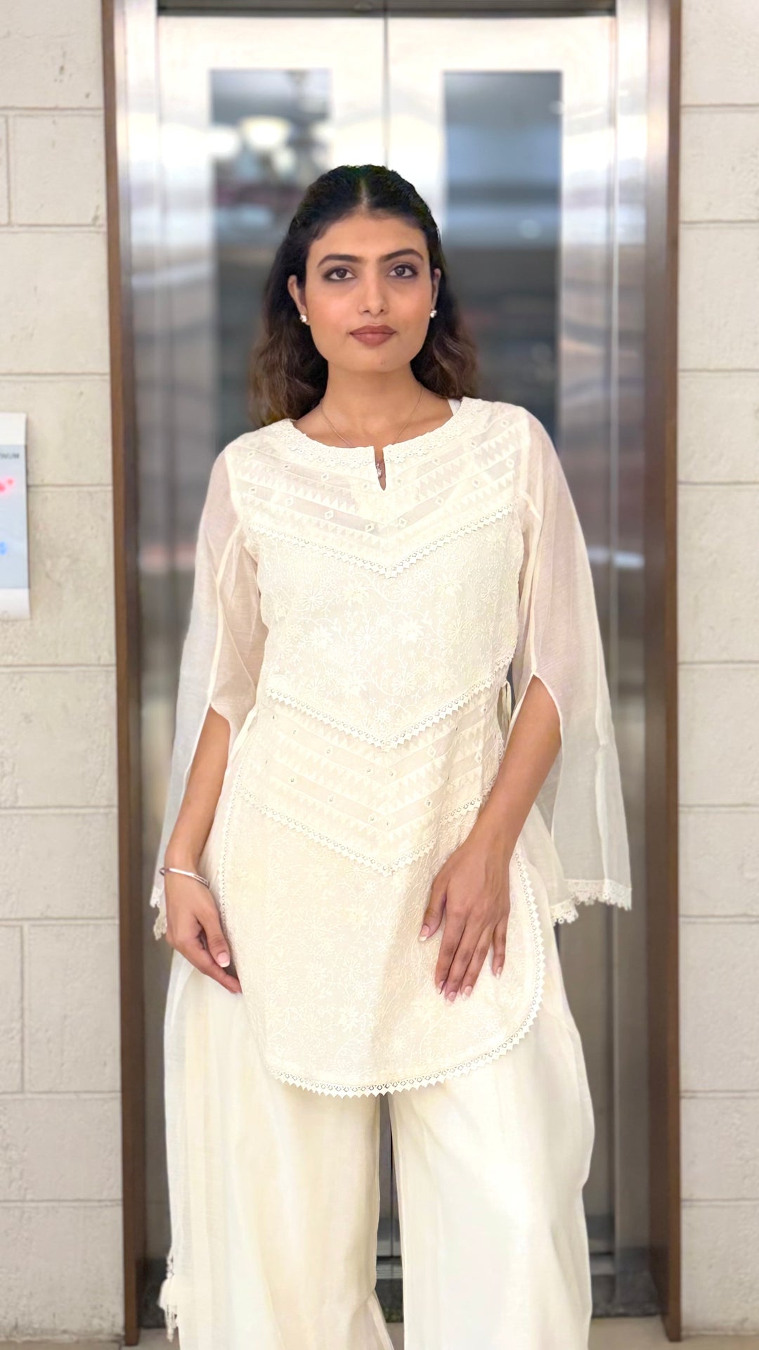Ivory White Embroidered Kurta Set with Palazzo Pants & Sheer Cape Sleeves