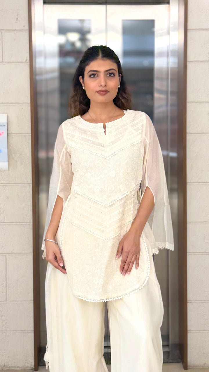 Ivory White Embroidered Kurta Set with Palazzo Pants & Sheer Cape Sleeves