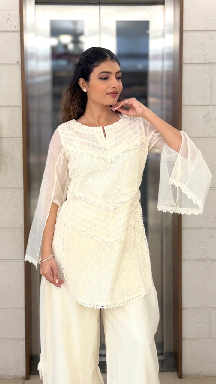 Ivory White Embroidered Kurta Set with Palazzo Pants & Sheer Cape Sleeves