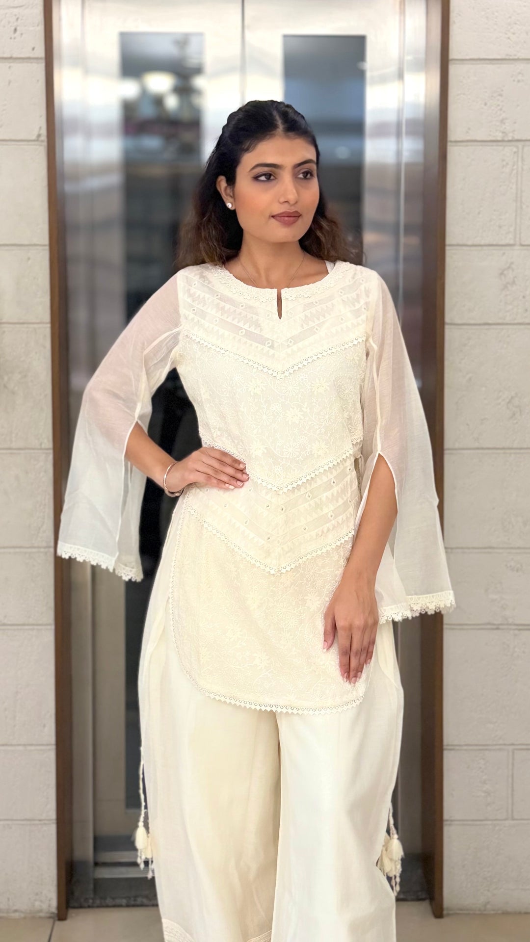 Ivory White Embroidered Kurta Set with Palazzo Pants & Sheer Cape Sleeves