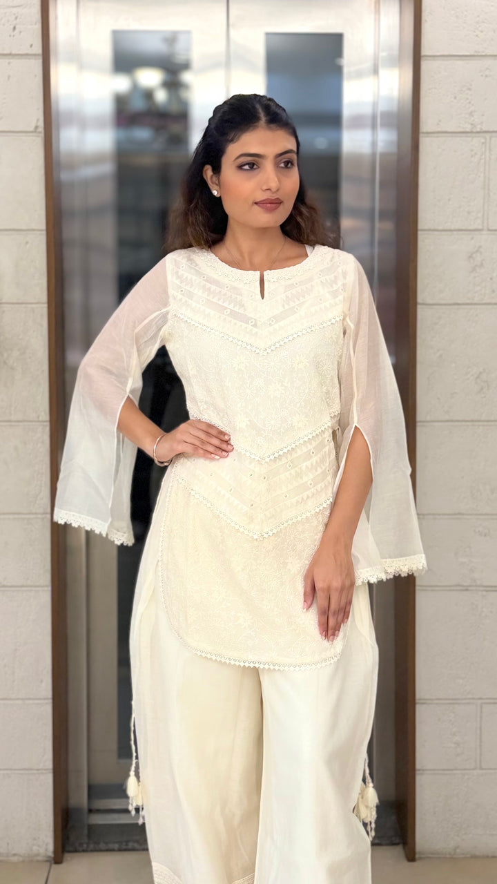 Ivory White Embroidered Kurta Set with Palazzo Pants & Sheer Cape Sleeves