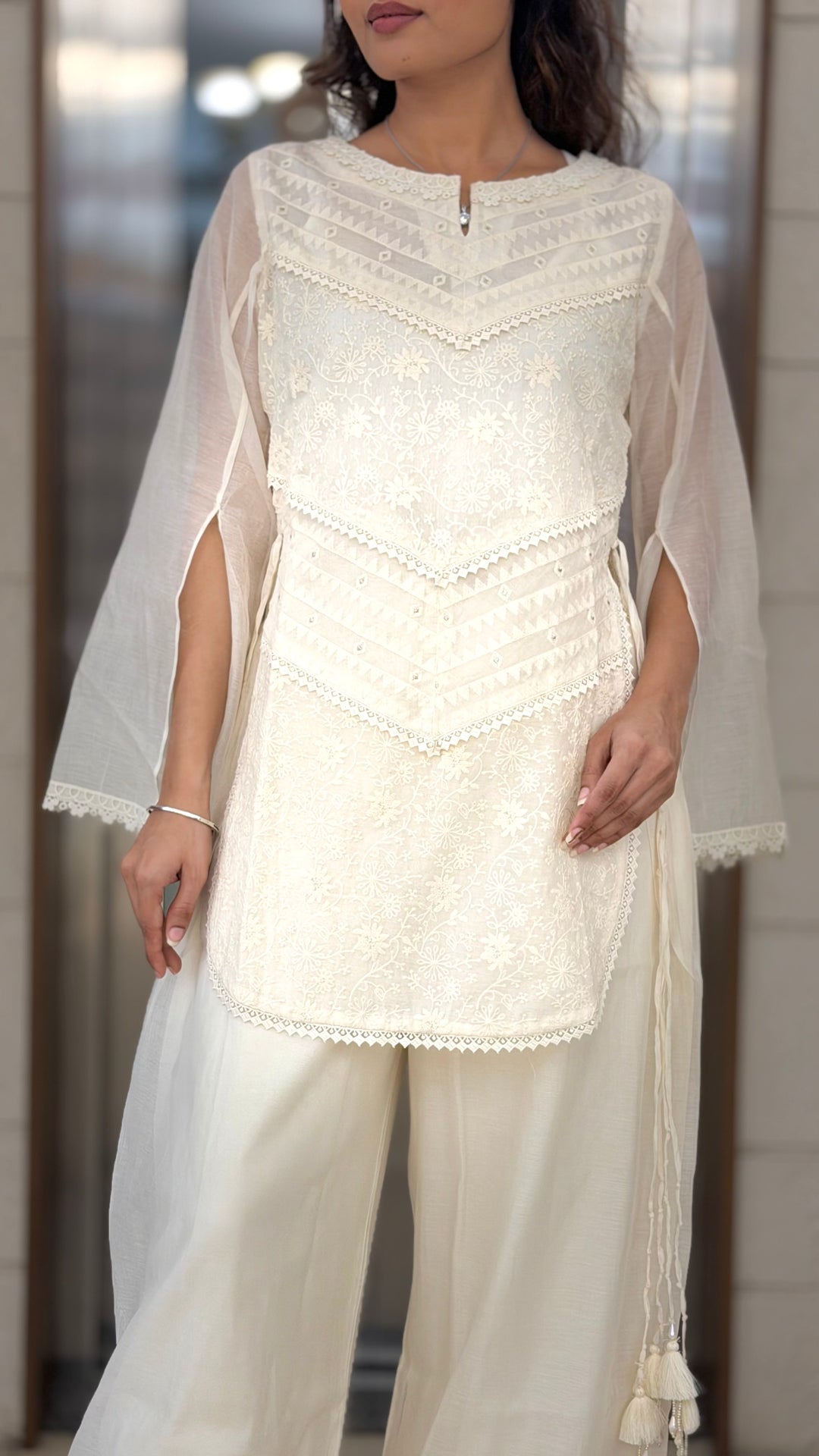 Ivory White Embroidered Kurta Set with Palazzo Pants & Sheer Cape Sleeves