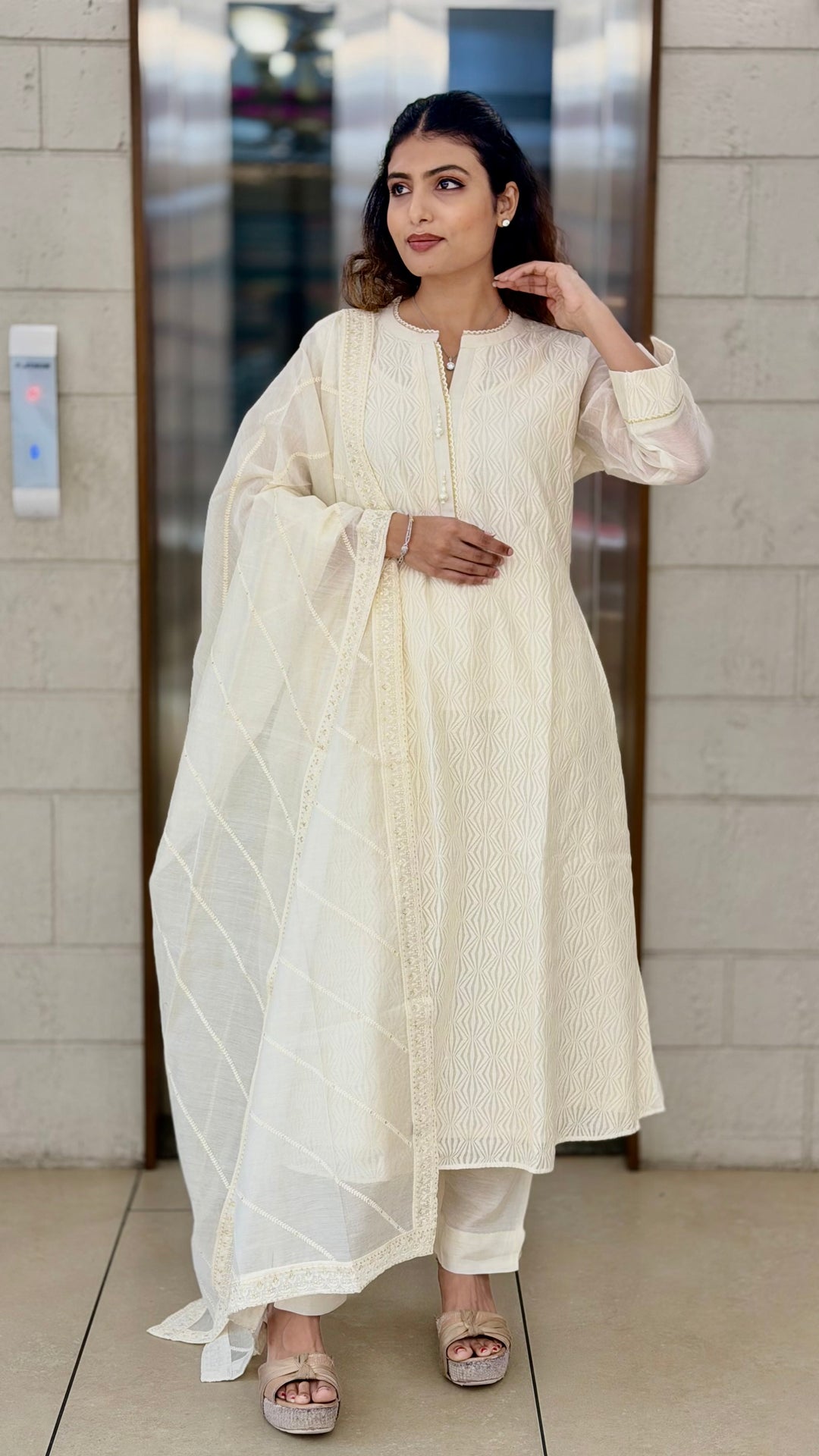 Ivory White Embroidered Kurta Set with Dupatta & Straight Pants