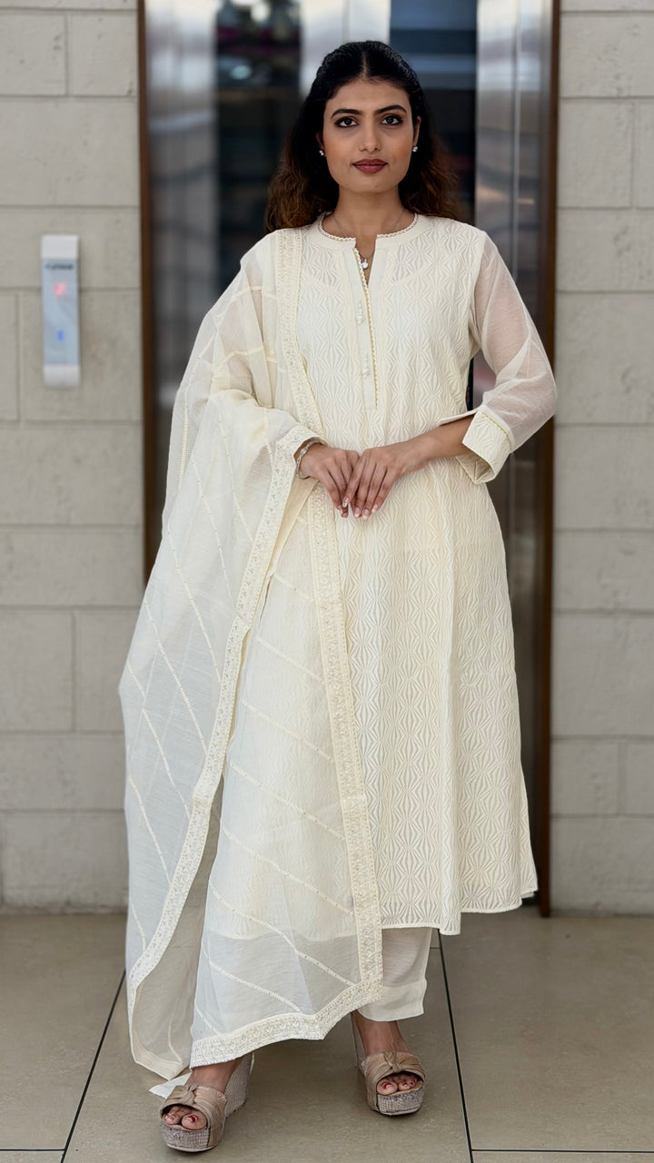 Ivory White Embroidered Kurta Set with Dupatta & Straight Pants