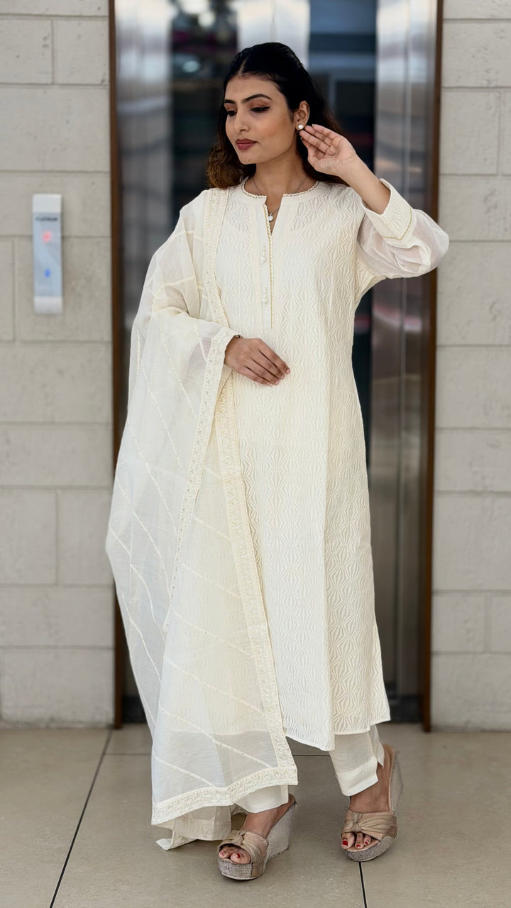 Ivory White Embroidered Kurta Set with Dupatta & Straight Pants