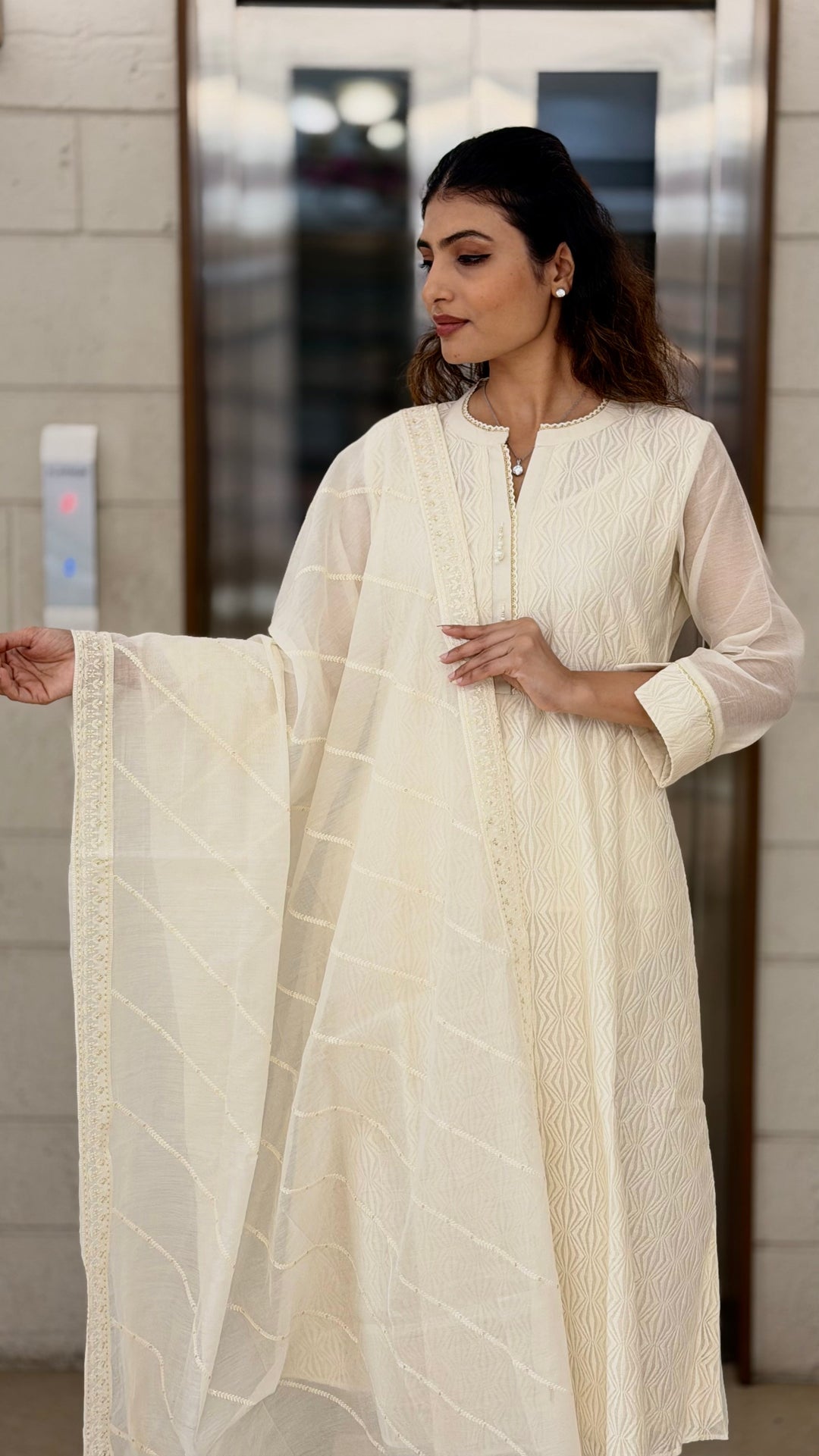 Ivory White Embroidered Kurta Set with Dupatta & Straight Pants