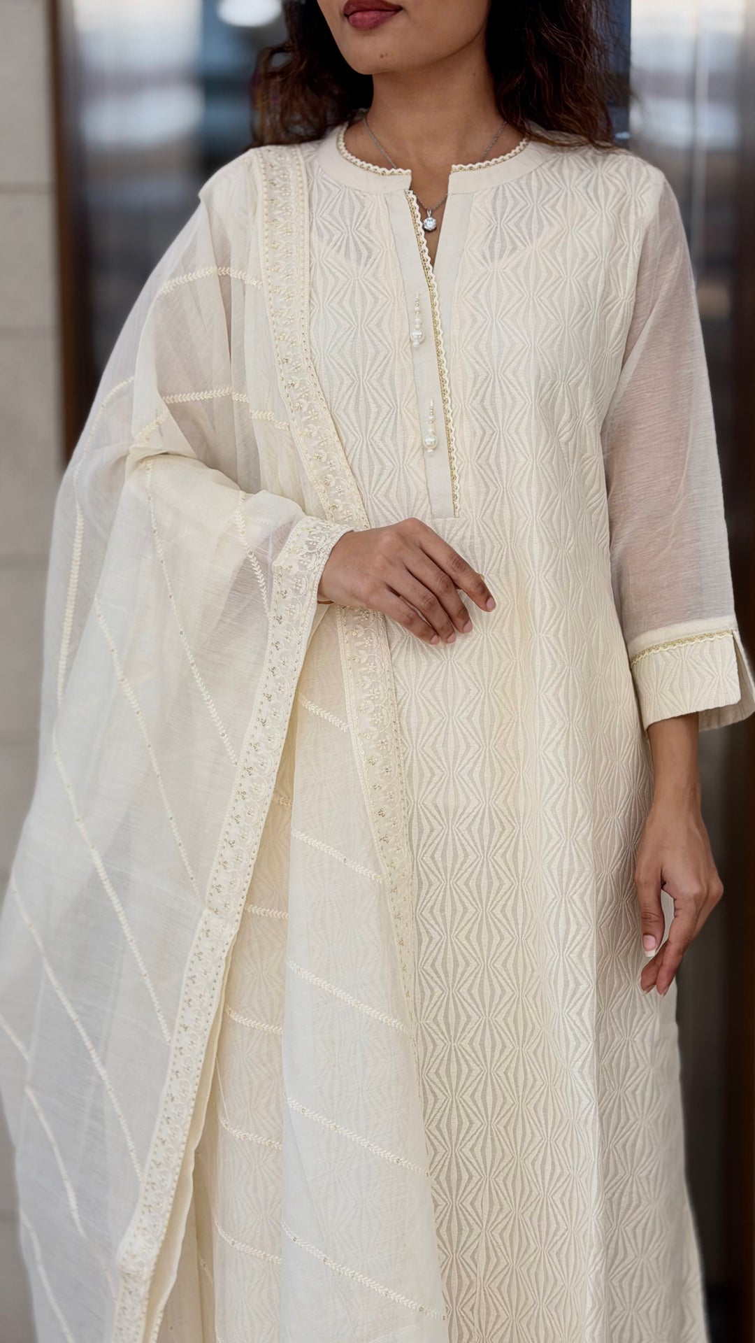 Ivory White Embroidered Kurta Set with Dupatta & Straight Pants