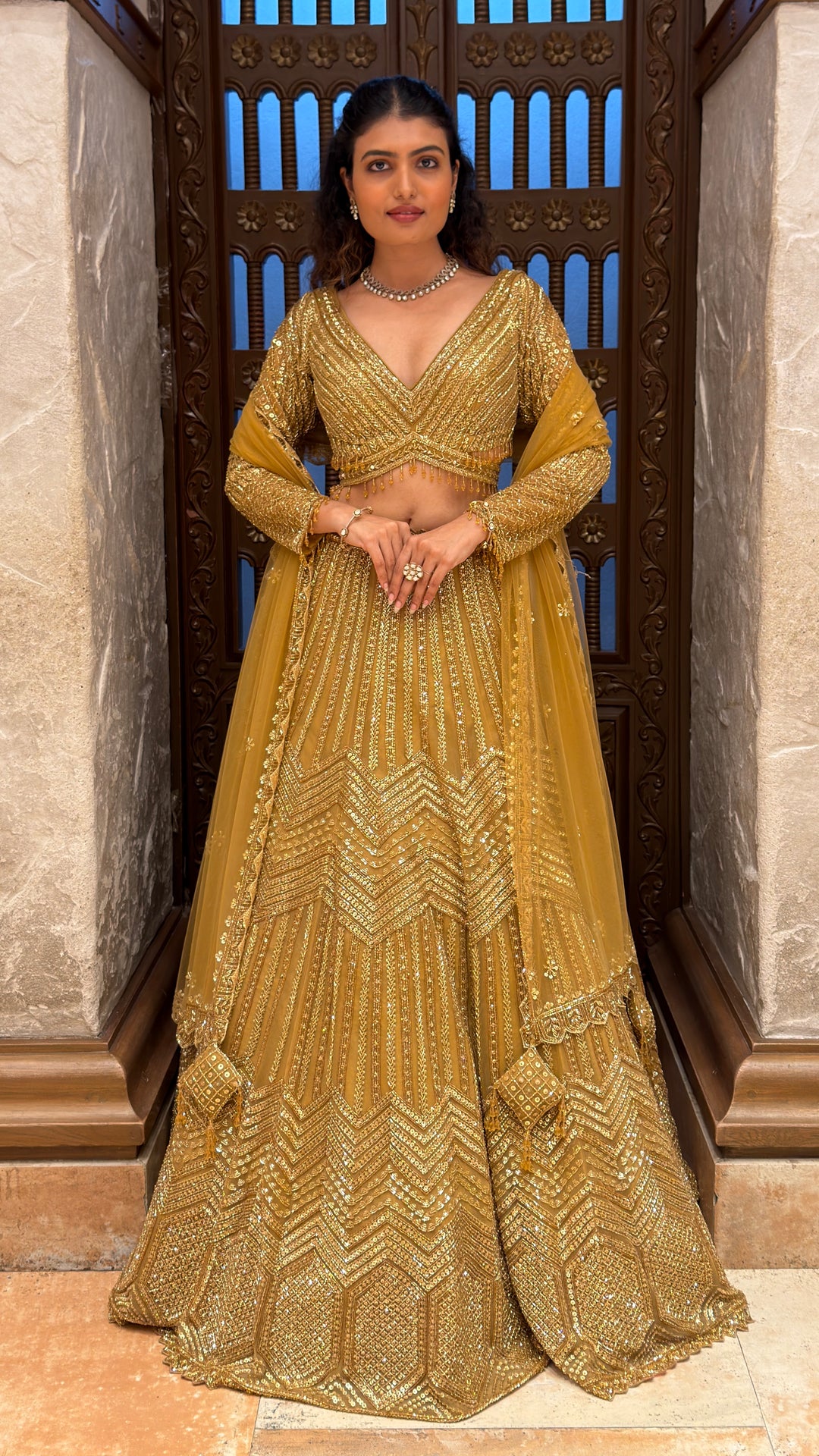 Mustard Gold Sequin Embroidered Lehenga Set with Dupatta