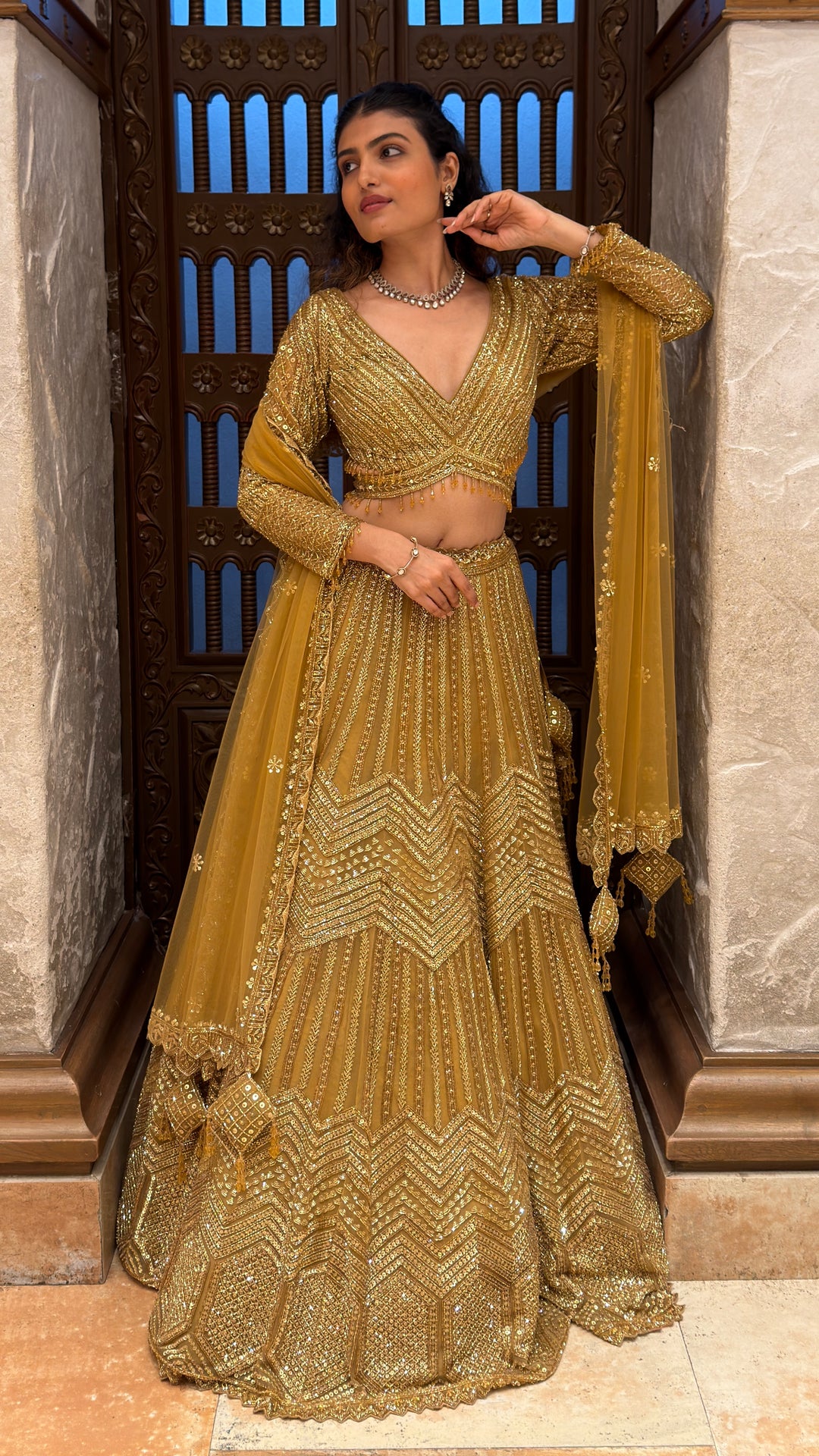 Mustard Gold Sequin Embroidered Lehenga Set with Dupatta