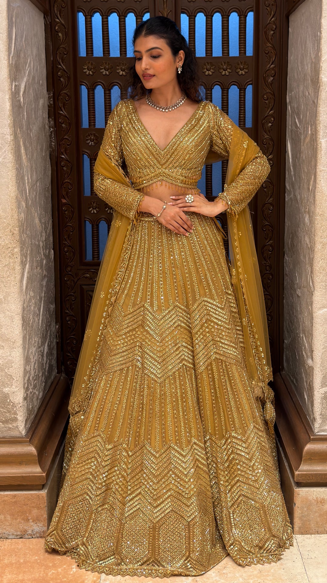 Mustard Gold Sequin Embroidered Lehenga Set with Dupatta