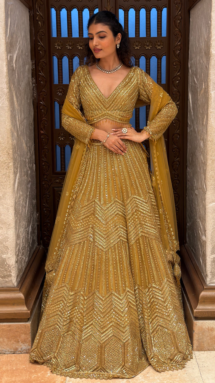 Mustard Gold Sequin Embroidered Lehenga Set with Dupatta