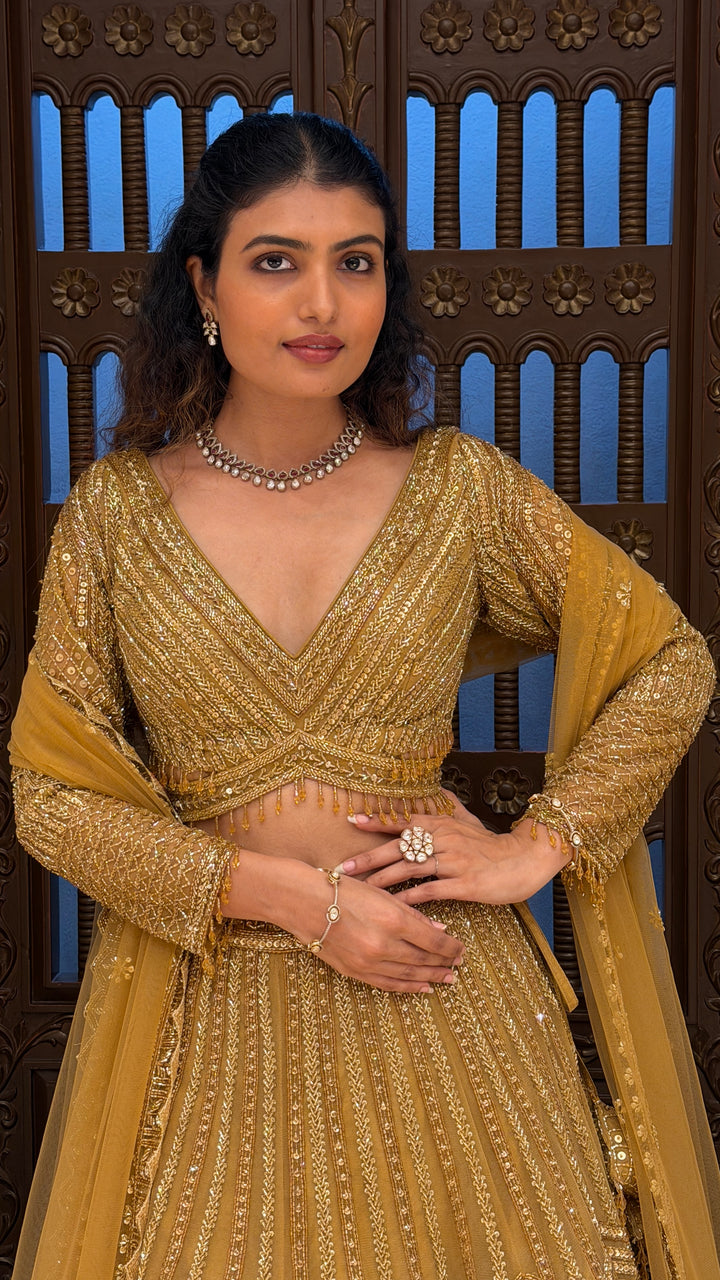 Mustard Gold Sequin Embroidered Lehenga Set with Dupatta