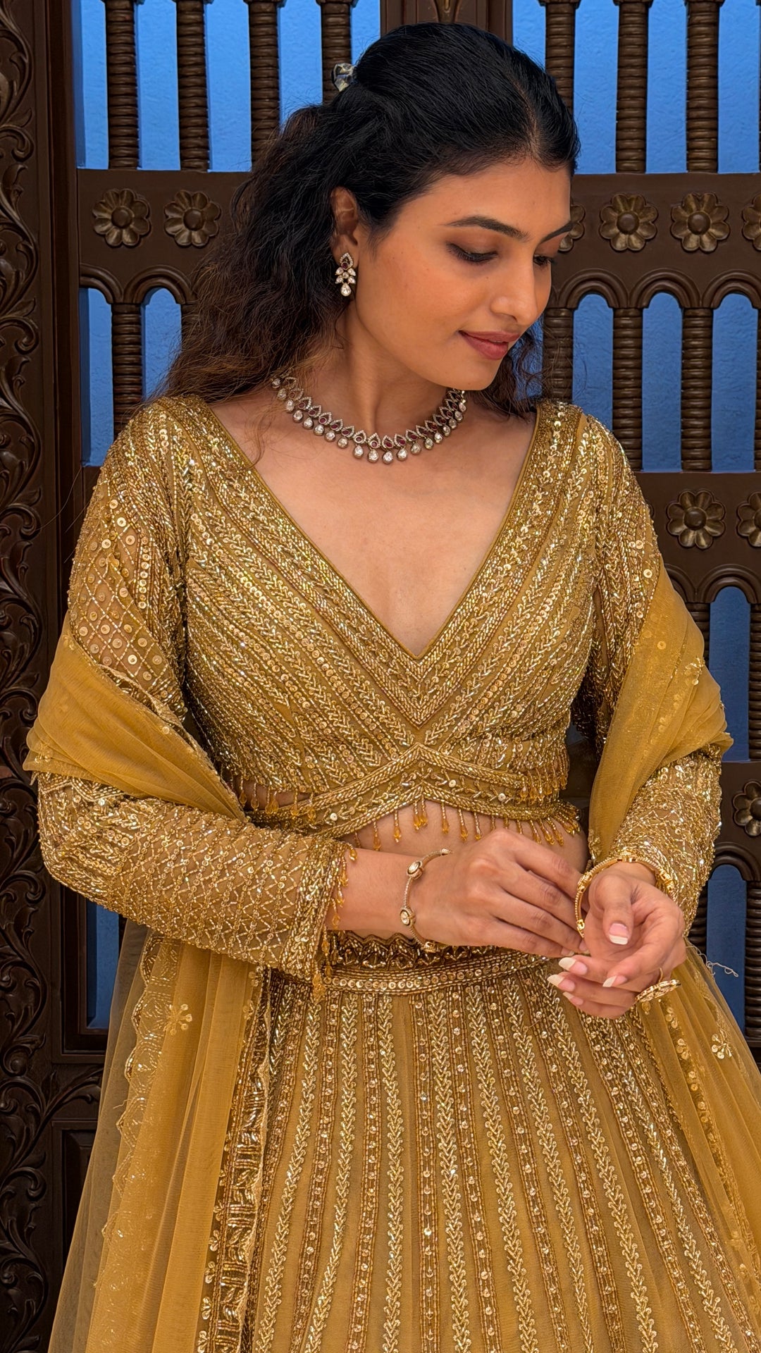 Mustard Gold Sequin Embroidered Lehenga Set with Dupatta