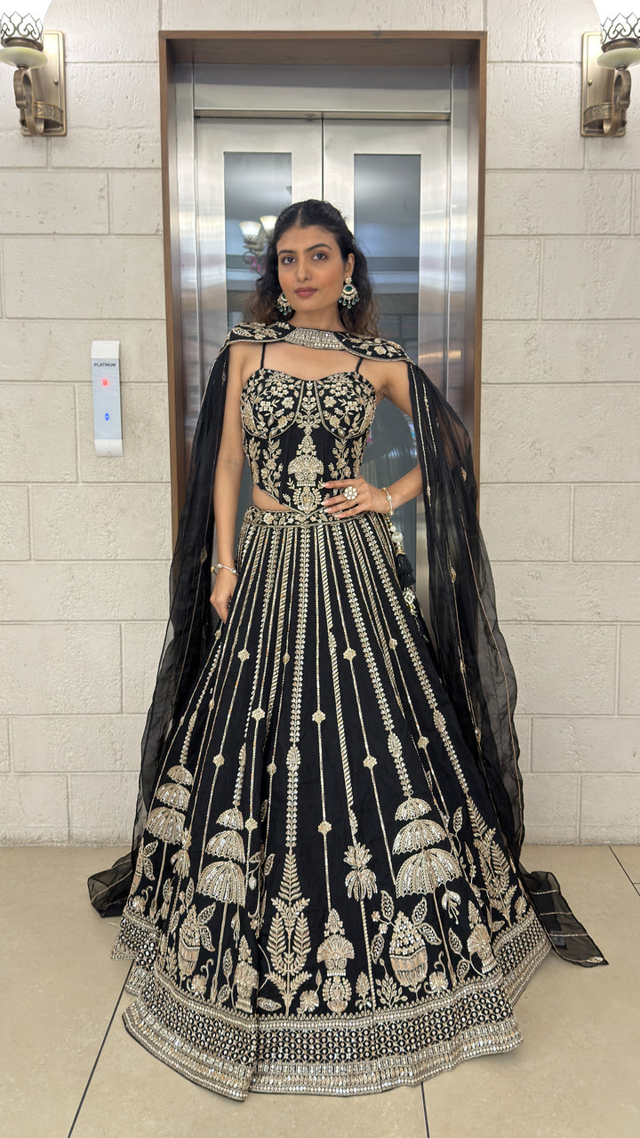 Black Embroidered Designer Lehenga Set with Cape Dupatta