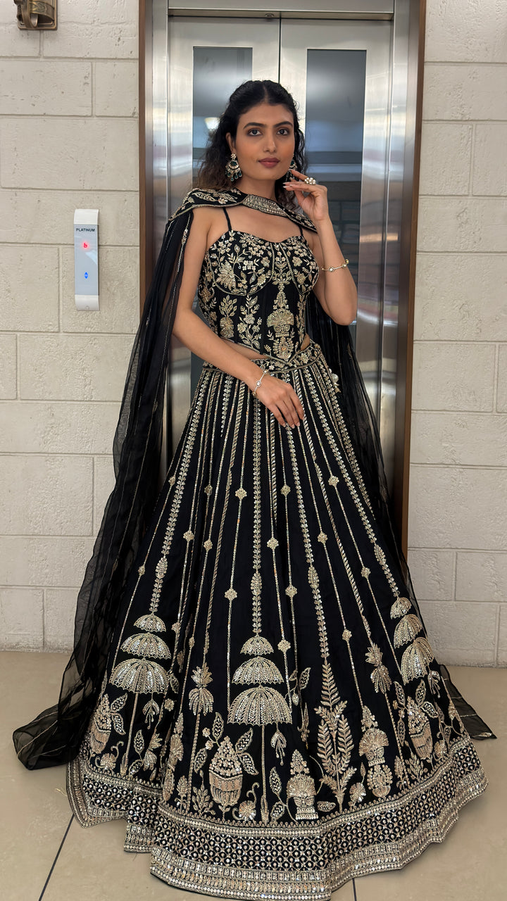 Black Embroidered Designer Lehenga Set with Cape Dupatta