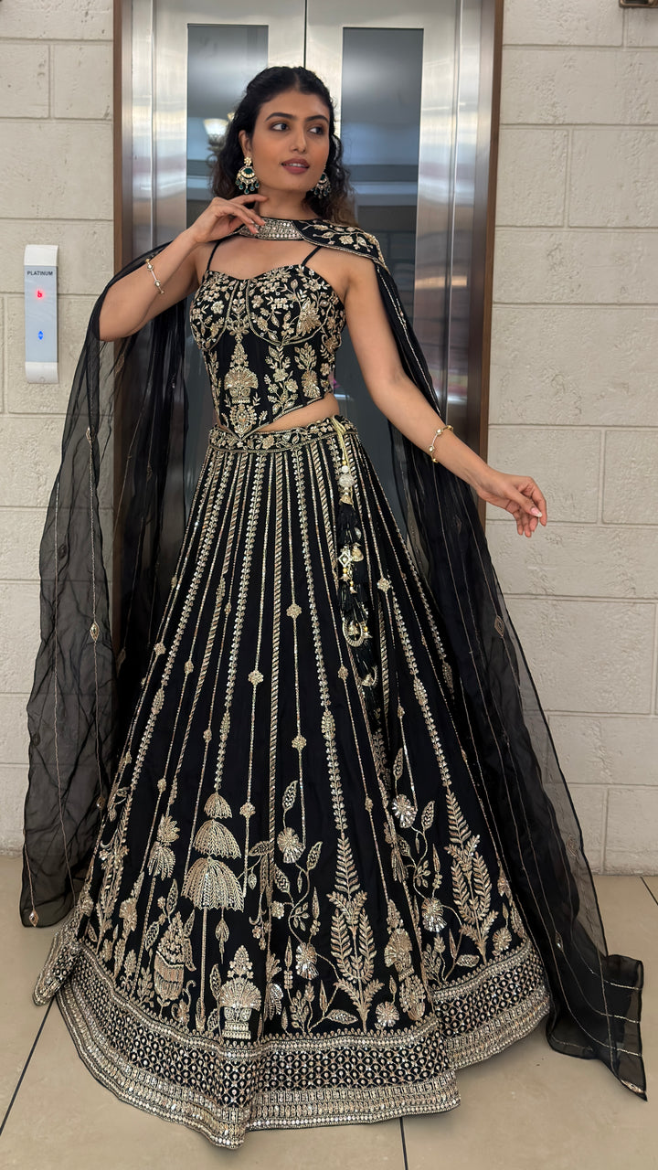 Black Embroidered Designer Lehenga Set with Cape Dupatta