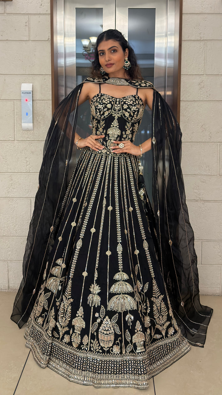 Black Embroidered Designer Lehenga Set with Cape Dupatta