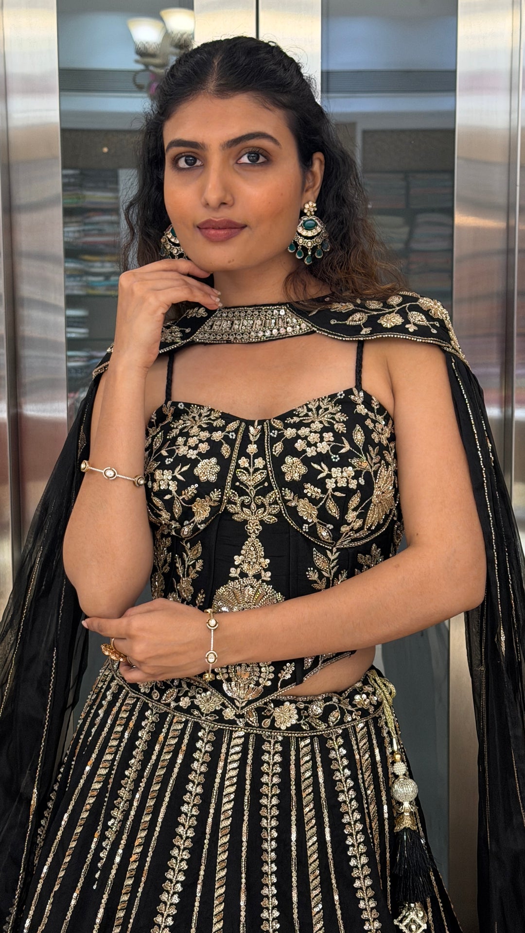 Black Embroidered Designer Lehenga Set with Cape Dupatta