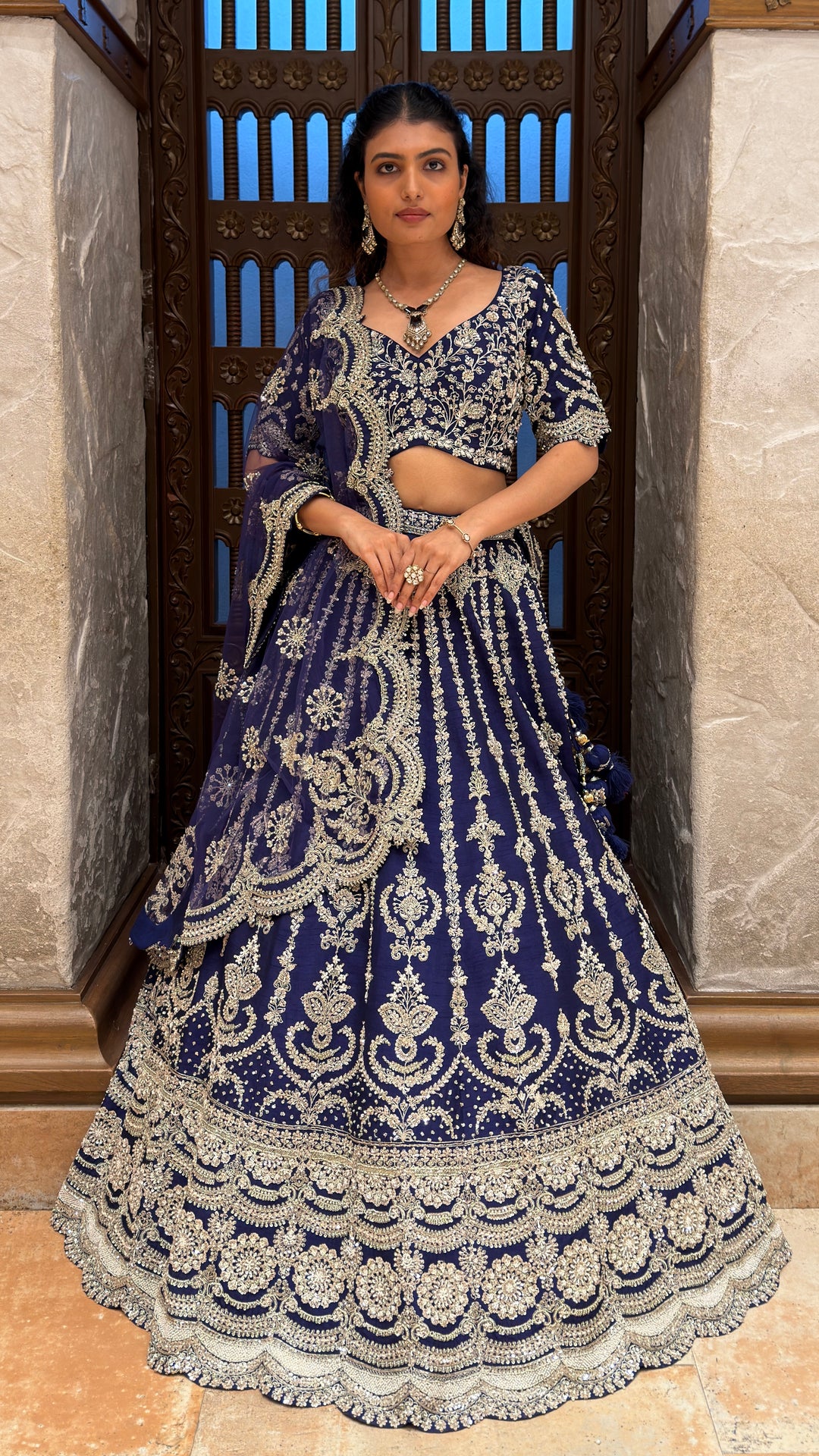 Navy Blue Embroidered Bridal Lehenga Set with Net Dupatta
