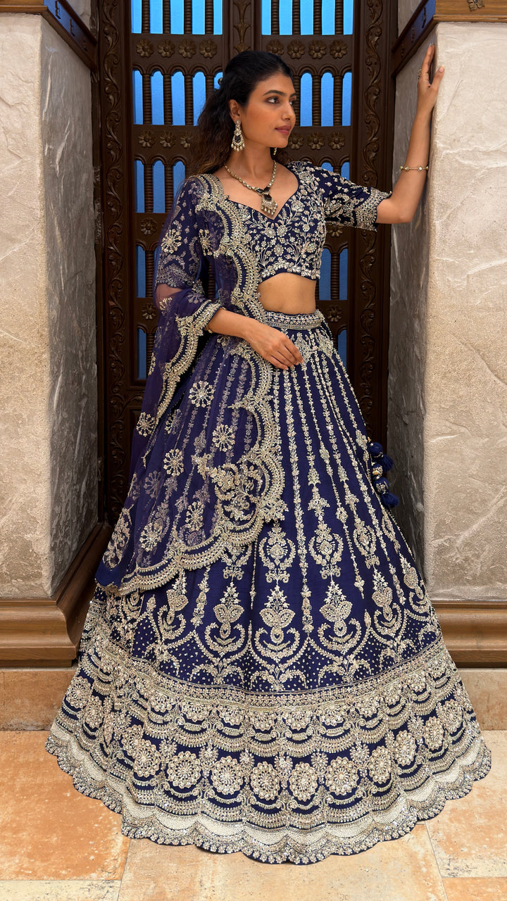 Navy Blue Embroidered Bridal Lehenga Set with Net Dupatta