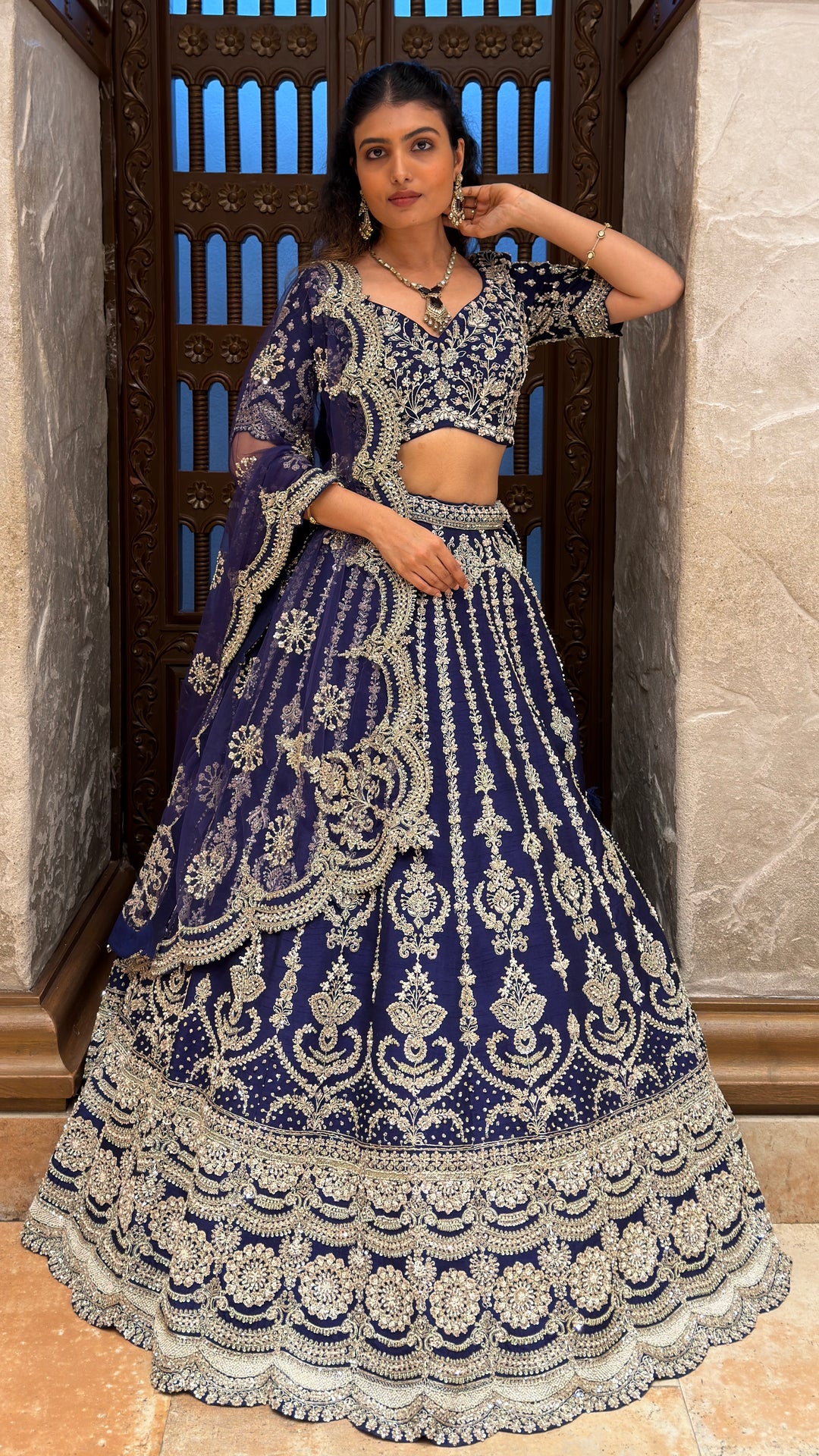 Navy Blue Embroidered Bridal Lehenga Set with Net Dupatta