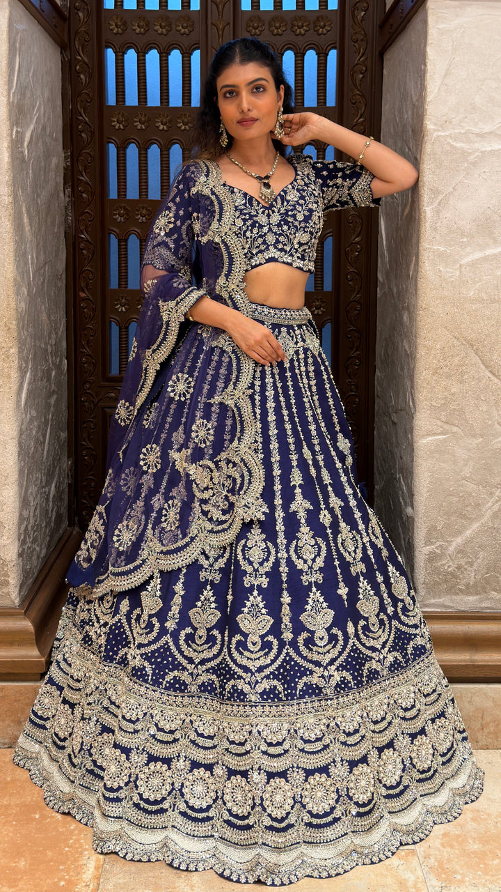 Navy Blue Embroidered Bridal Lehenga Set with Net Dupatta