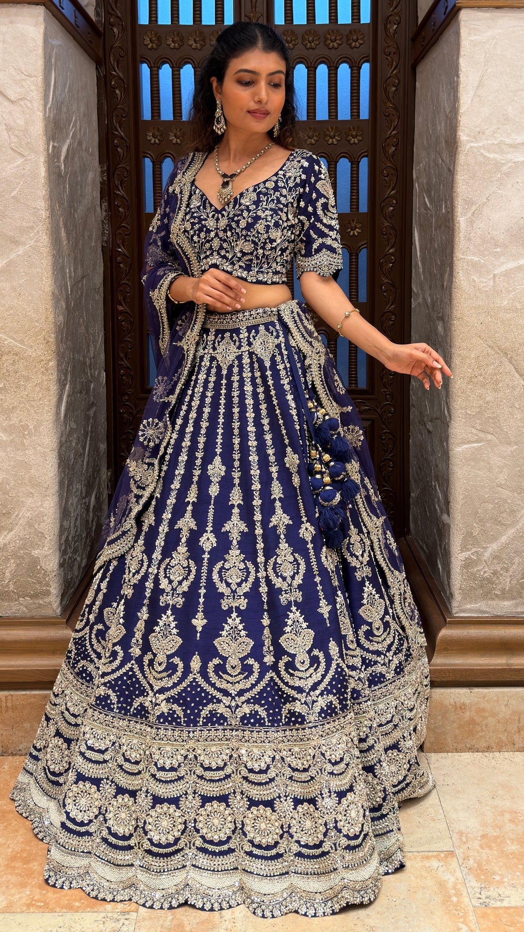 Navy Blue Embroidered Bridal Lehenga Set with Net Dupatta