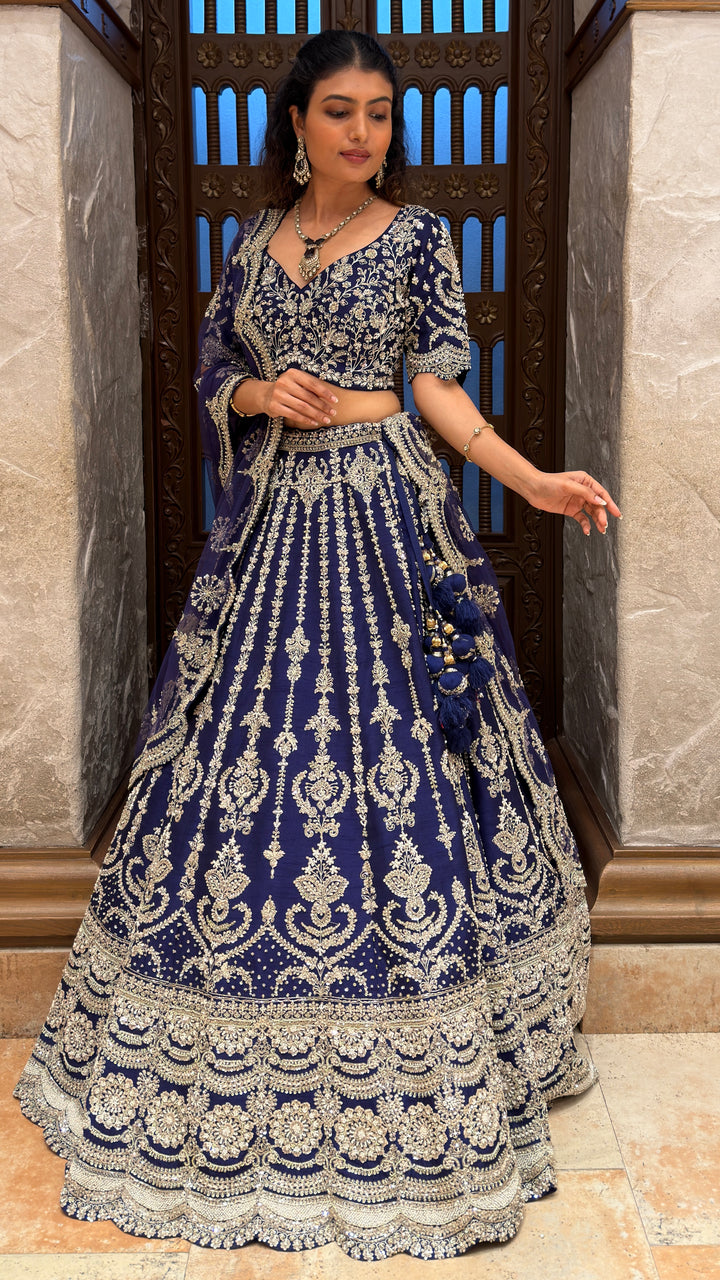 Navy Blue Embroidered Bridal Lehenga Set with Net Dupatta
