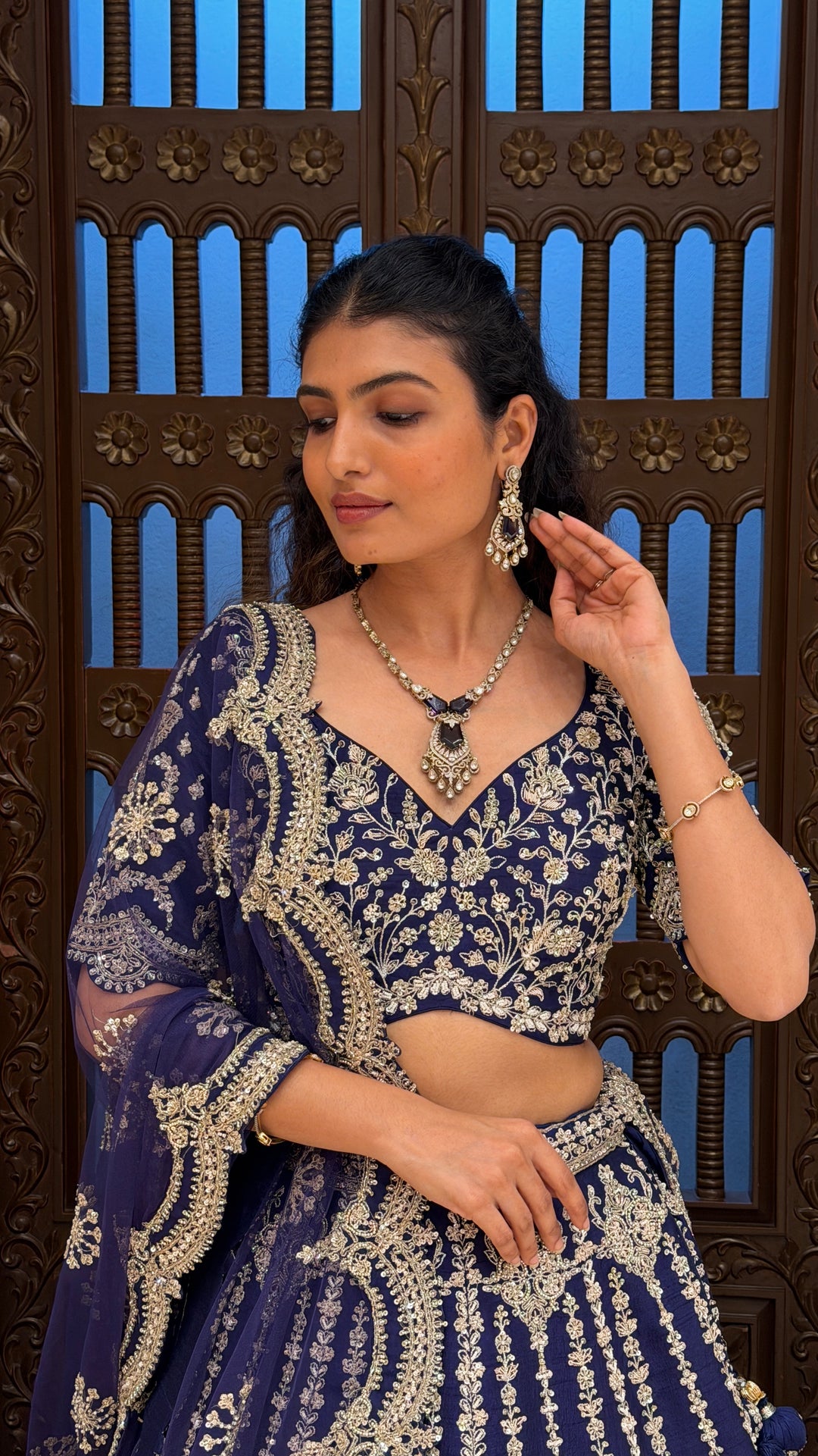 Navy Blue Embroidered Bridal Lehenga Set with Net Dupatta