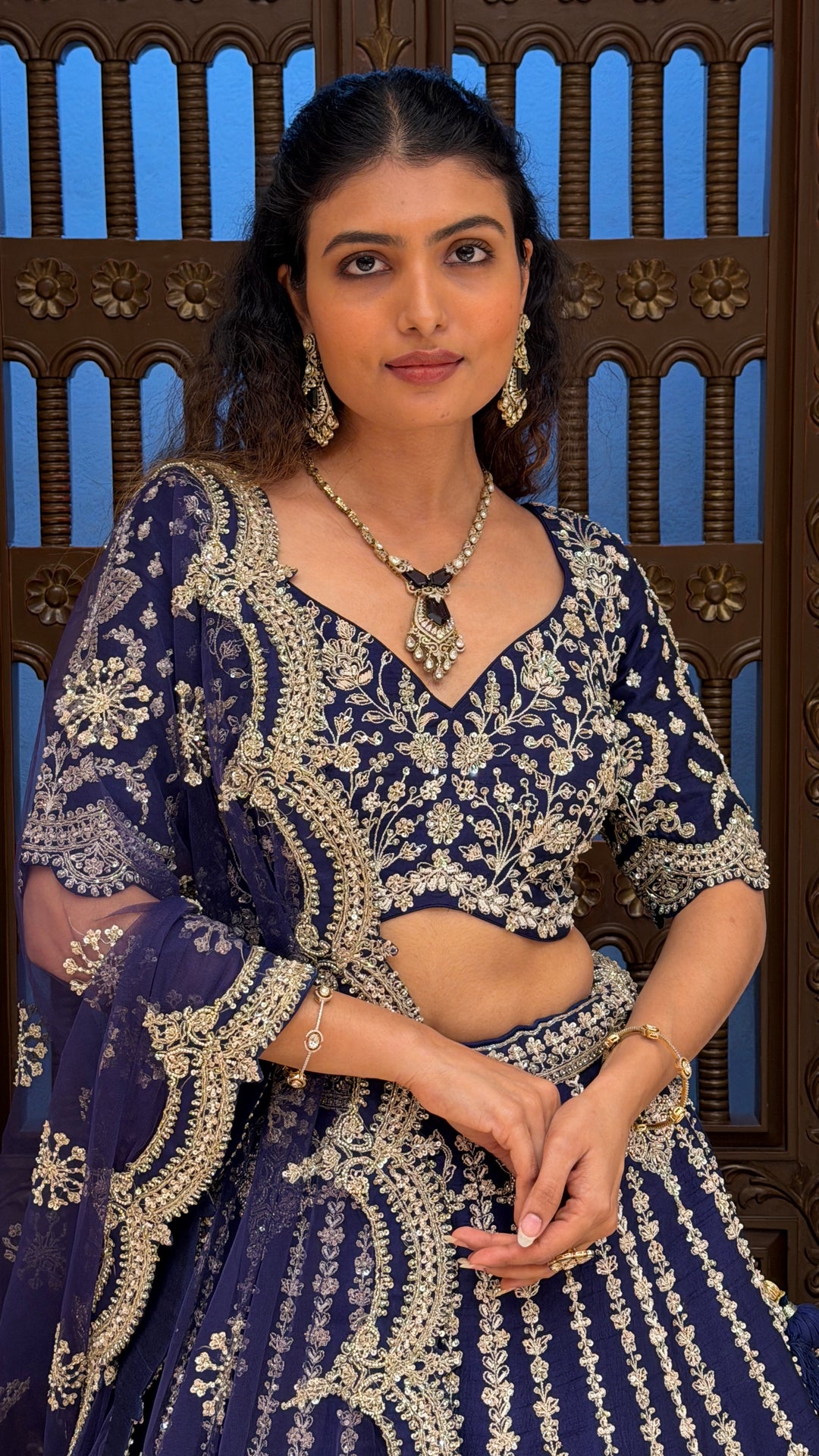Navy Blue Embroidered Bridal Lehenga Set with Net Dupatta