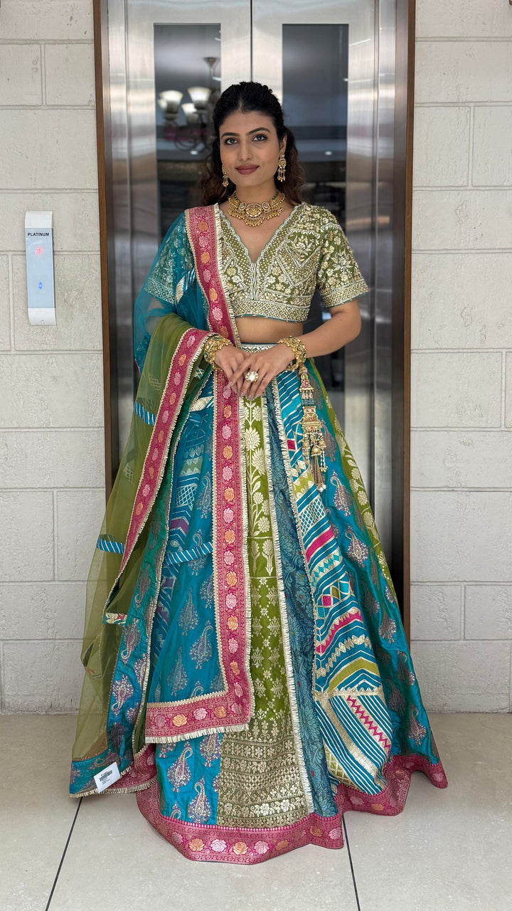 Teal & Olive Green Multicolor Patola Banarasi Lehenga Set with Heavy Hand-Embroidered Blouse