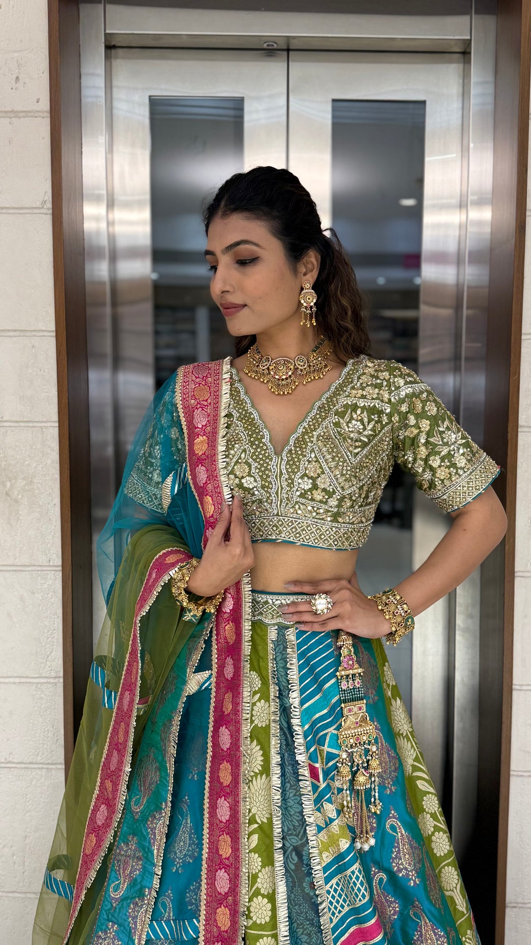 Teal & Olive Green Multicolor Patola Banarasi Lehenga Set with Heavy Hand-Embroidered Blouse