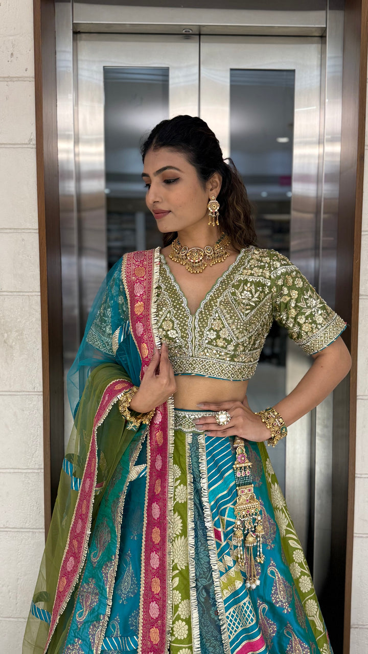 Teal & Olive Green Multicolor Patola Banarasi Lehenga Set with Heavy Hand-Embroidered Blouse