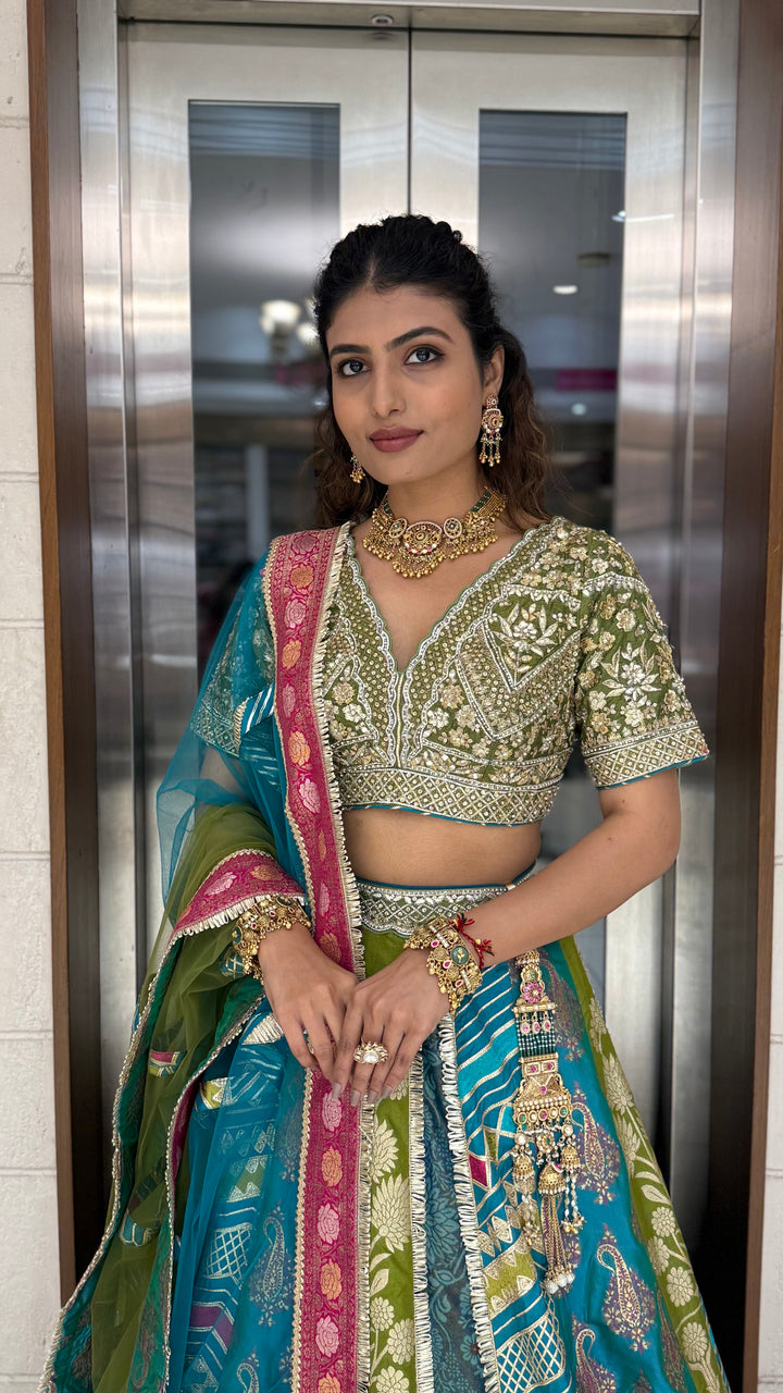 Teal & Olive Green Multicolor Patola Banarasi Lehenga Set with Heavy Hand-Embroidered Blouse