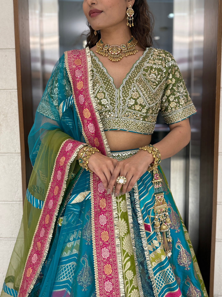 Teal & Olive Green Multicolor Patola Banarasi Lehenga Set with Heavy Hand-Embroidered Blouse