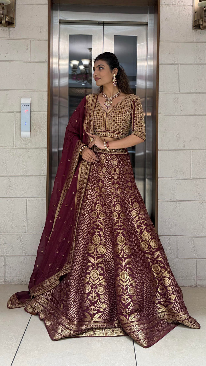 Maroon Banarasi Silk Lehenga Set with Heavy Zari Weaving & Hand-Embroidered Blouse