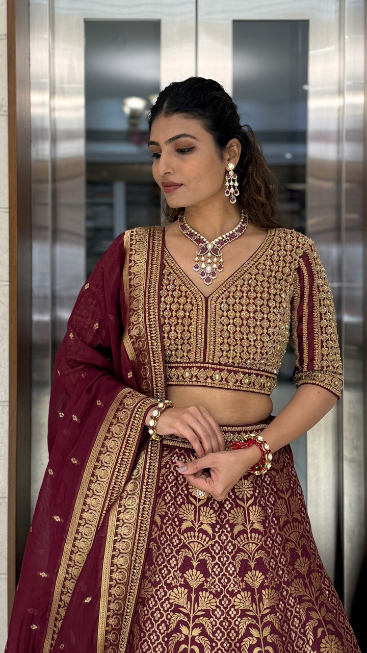 Maroon Banarasi Silk Lehenga Set with Heavy Zari Weaving & Hand-Embroidered Blouse