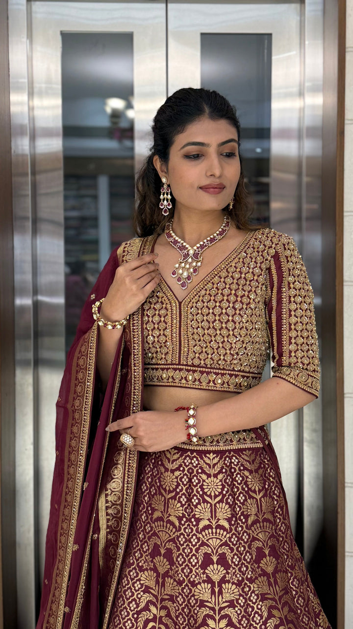 Maroon Banarasi Silk Lehenga Set with Heavy Zari Weaving & Hand-Embroidered Blouse