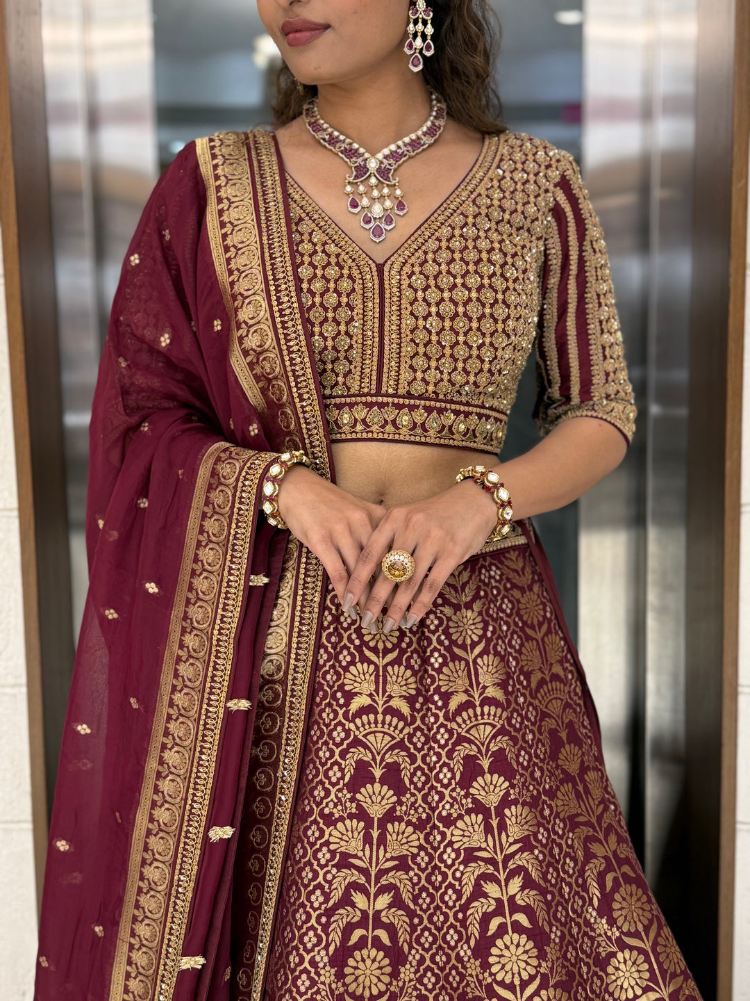 Maroon Banarasi Silk Lehenga Set with Heavy Zari Weaving & Hand-Embroidered Blouse